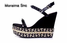 Moraima Snc brand black Rhinestone platform sandals summer gold rivet high heels shoes women wedges sandalias mujer Thick bottom moraima snc pearl sandals 9 cm high heels sandals women platform wedges shoes wummer 2018 new string bead bohemia party shoes