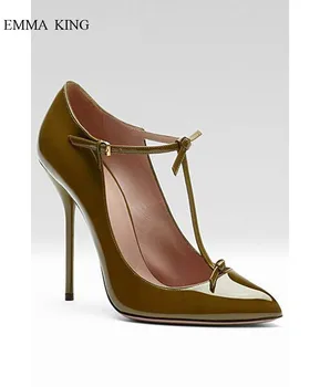 

2019 Patent Leather Pumps Fashion Women T-Strap Buckle Pointy Toe Stiletto High Heels Shoes Woman Spring Sexy Ladies Party Shoes