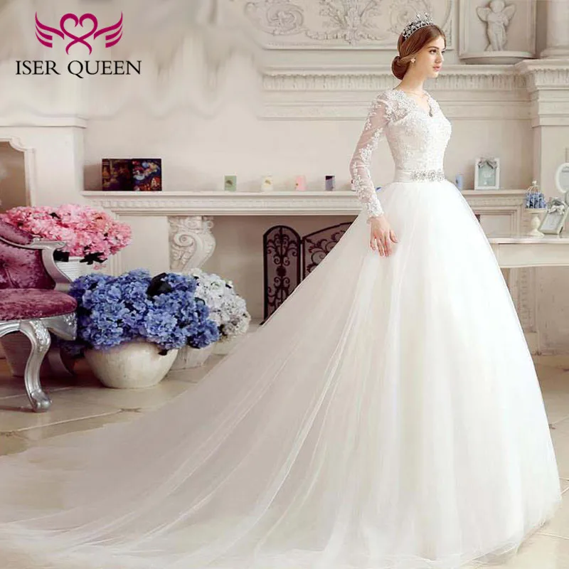 Backless Long Sleeve Ball Gown Tulle Wedding Dress Plus Size V
