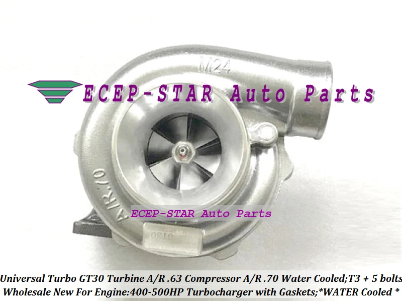 Universal Turbo Turbocharger GT30 Turbine AR .63 Compressor AR .70 T3 Water cooled outlet 5 bolts 400HP-500HP Gaskets (2)