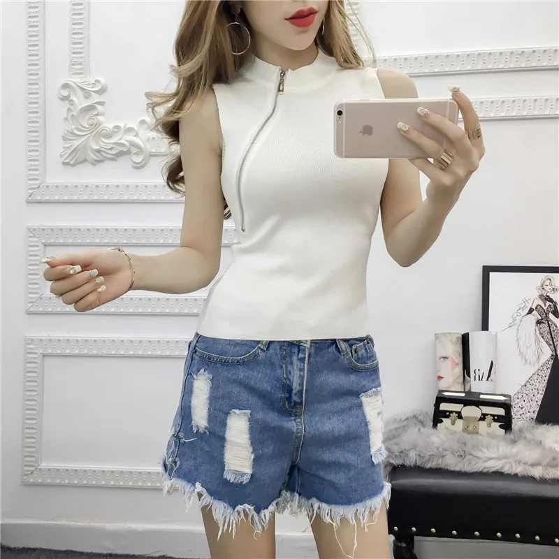 2017 Korean Women T-Shirt Club Knitted Sexy Zipper Slim Sleeveless Tops Tee Women's Solid Color Basic Tshirt Camisetas Mujer | Женская