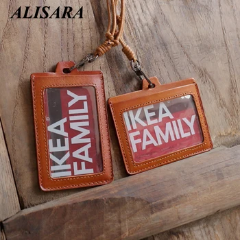 

Alisara ID Badge Case Retractable Lanyard Cowhide Leather Business Vertical Horizontal Case Name Tag Cross Id Card Holder