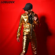 Мужские костюмы из искусственной кожи золотого цвета, танцевальный костюм в стиле панк-рок, для выступлений, для бара, вокального концерта, для певицы, для шоу на сцене, хип-хоп, костюмы со звездами