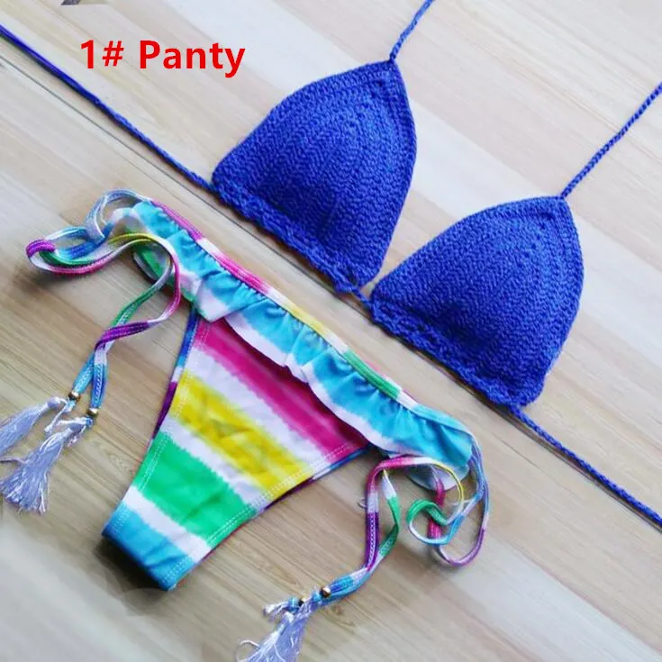 

Blue crochet bikini 2017 New Bikinis Set Women Sexy Swimsuit Push Up colorful Striped printed swimwear Strappy Bathing Suit