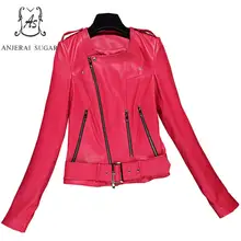 Весенняя Новинка, Женская куртка из натуральной овчины, повседневная, мотоциклетная, красная, сексуальная, тонкая, с косой молнией, OL, женские куртки, пальто