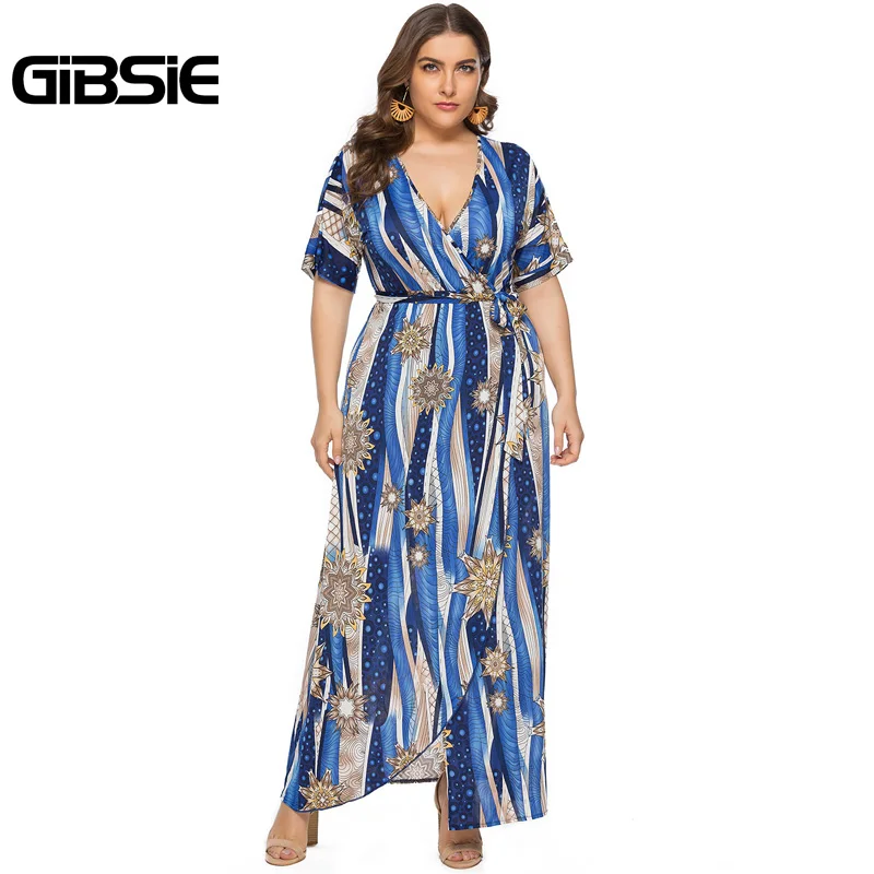 

GIBSIE Sexy V Neck Print Belted Wrap Long Dress 6xl 5xl Summer Women Plus Size Vacation Beach Casual Short Sleeve Maxi Dress