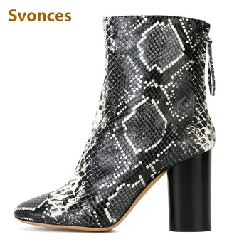 

Winter Warm Woman Boots Fashion Gorgeous Snakeskin Pattern Boots Shoes Comfortable Thick High Heel Pointed Toe Zip Women Shoe