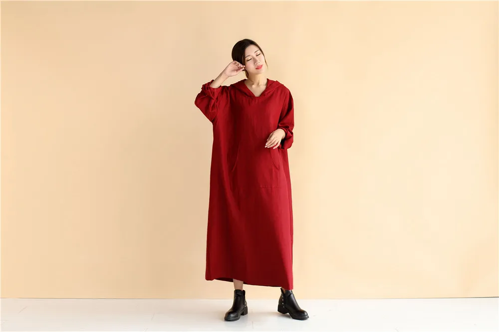 New Style Autumn and Winter Dress Women Linen Vintage Van Big Code Loose Long Robe Casual Hooded Sleeve Dresses D314 | Женская одежда
