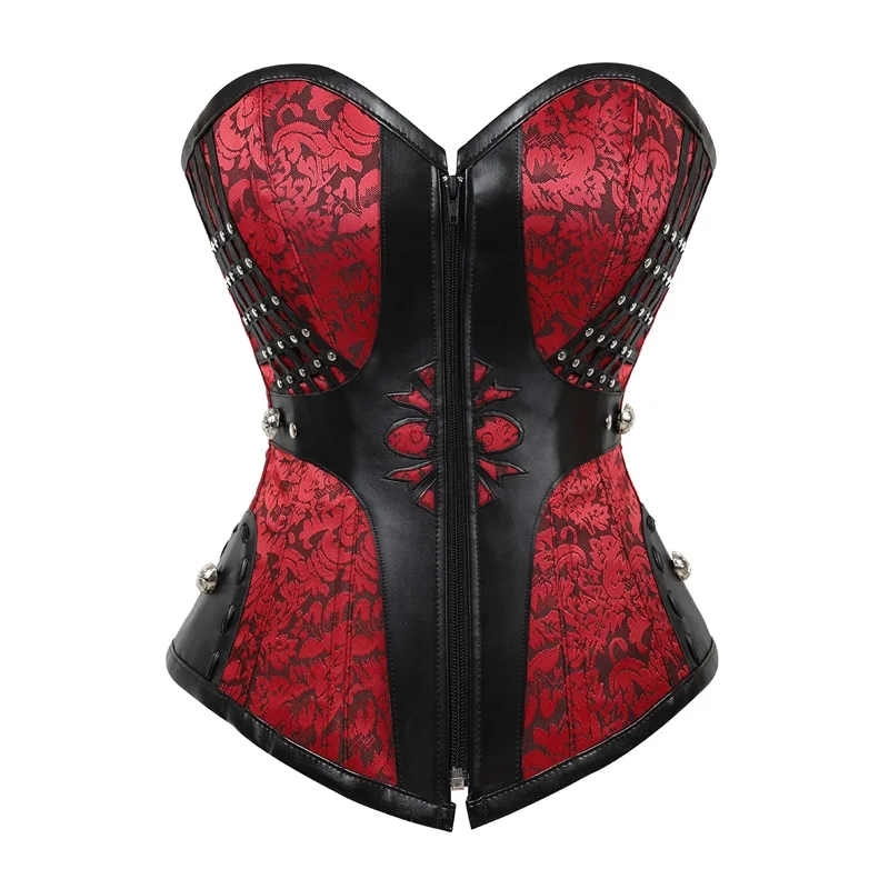

2019 New Black and Red Gothic Waist Trainer Brocade Steampunk Jacquard Faux Studded Overbust Corset Bustier With Chains S-2XL