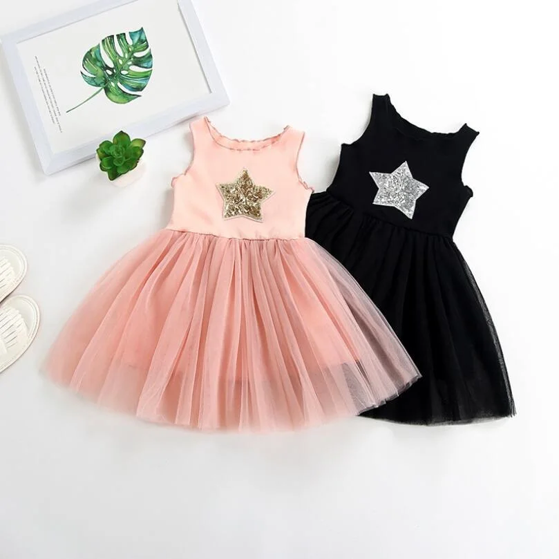 

2019 Girls Summer Dress Princess Sleeveless Sequined Pentagram Kids Party Birthday Dresses For Girl Baby Children Clothes JW8112