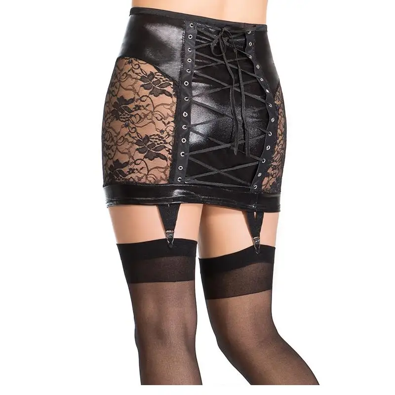 Fashion Sexy Lady Vinyl Leather Floral Lace Hollow Out Pencil Skirt Seduce Exotic Black Lace Up Low Waist Skirt Clubwear