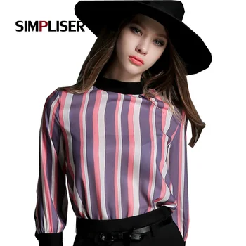 

SIMPLISER Women Cihffon Blouses 2018 Striped Shirts Female Turtleneck Ladies Tops Fashion Summer Blusas Femme Women Work Tops