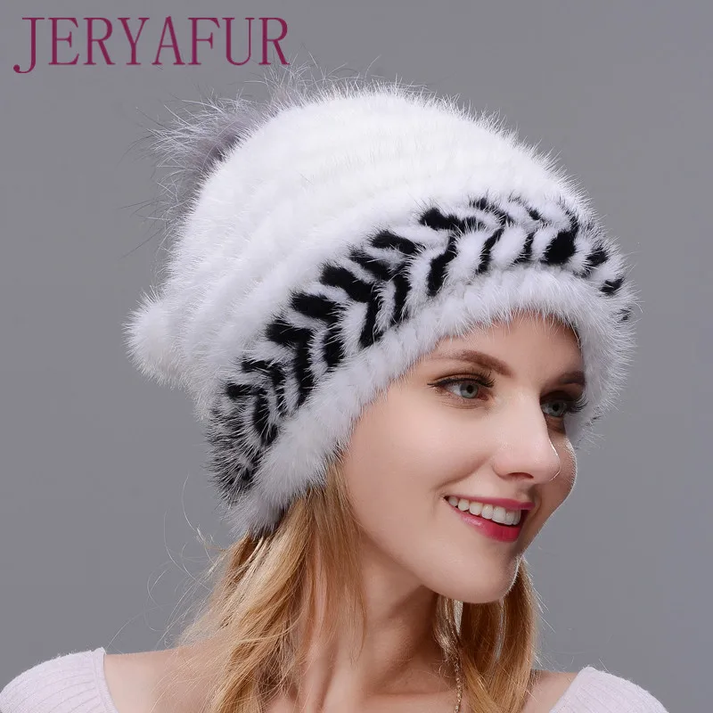

Winter Ear Warm Hat For Women Spiral-weave Knitting Cap Real Natural Mink Hat,Top Opening With Fox Fur Around Two-color Match