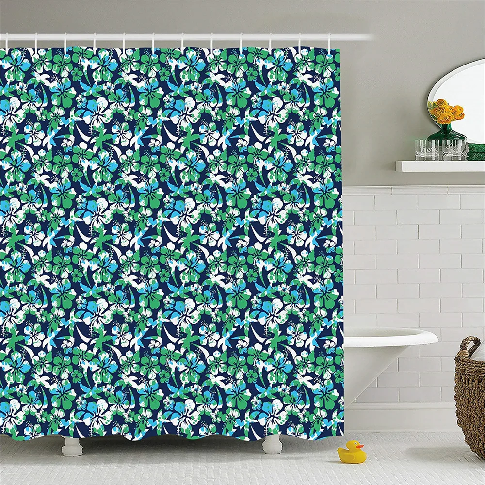 Navy Blue Decor Shower Curtain by LIBIN Hibiscus and Palm Tree Pattern Beautiful for Summer Houses Fabric Bathroom Set | Дом и сад