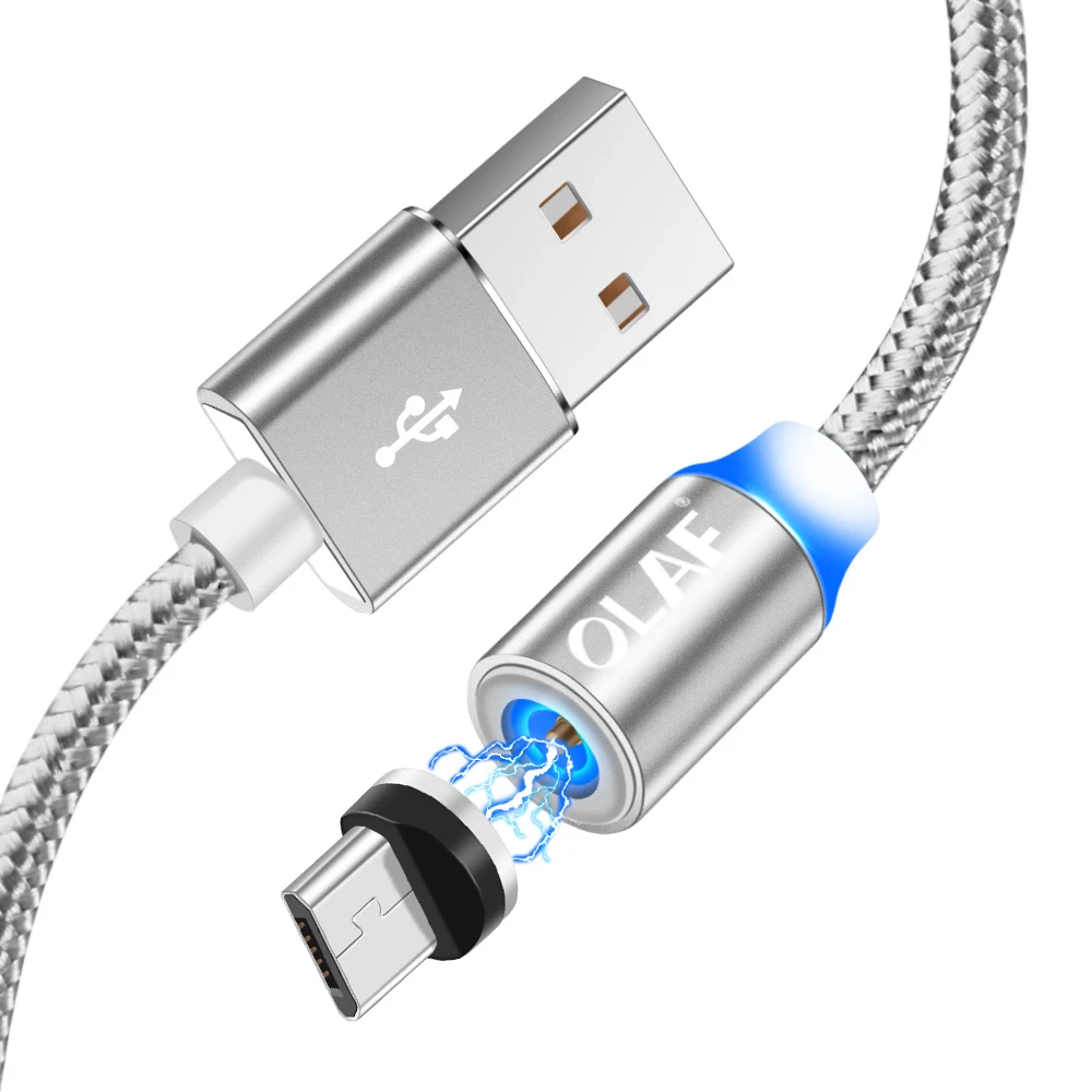 Олаф светодиодный 2 м 1 м Магнитный кабель для iPhone Micro usb type c нейлоновый Магнитный usb кабель для зарядки samsung sony Магнитный шнур для зарядного устройства - Цвет: Silver For Micro