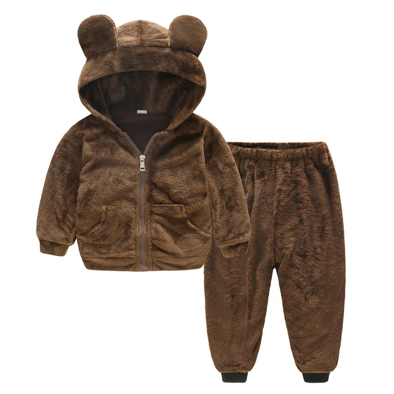 

Baby Boys Girls Sets Long Sleeve Hooded Bear Ear Fur Sweatshirts + Trousers Costume for Kids Infant Pocket Coat Clothes Suits