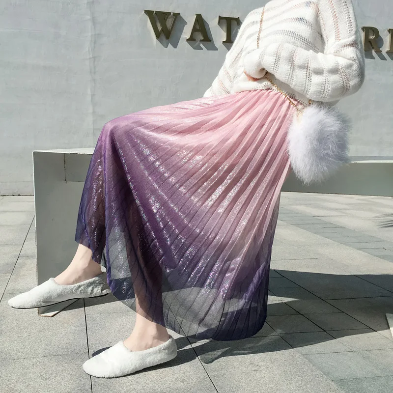 

2019 Early Spring New High Waist Thin Gradient Reflective Hundred Pleated Gauze Half Skirt A Long Fairy Skirt Long Skirt Women