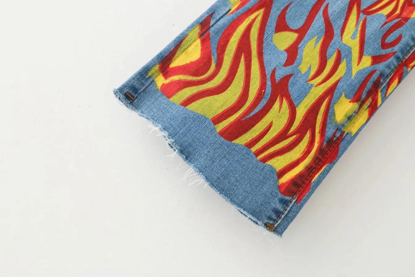 2017 new European and American fashion flame printed elastic waist horn jeans women 2017 new European and American fashion flame printed elastic waist horn jeans women