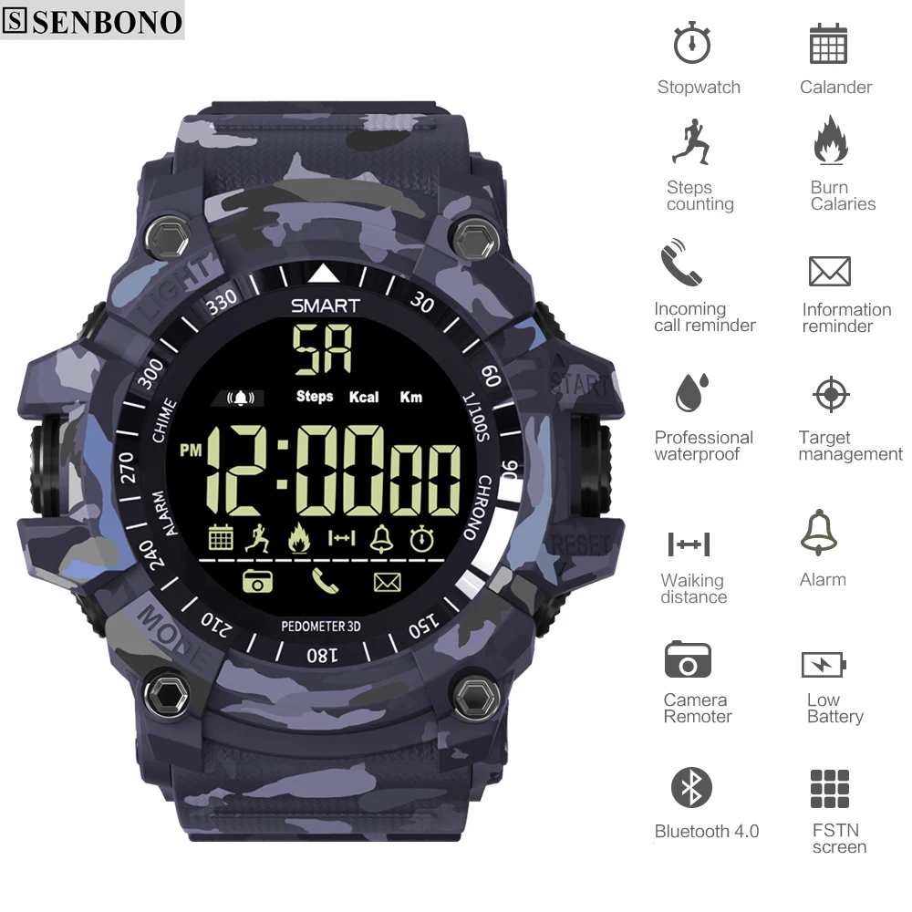 SENBONO Bluetooth Smart watch Sport шагомер водонепроницаемый IP67 Спорт цифровой smartwatch Relogio Masculino