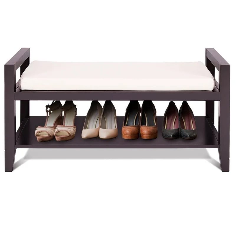 Best Simple Compact Style Wood Shoe Storage Rack Bench with Ottoman Cushion Seat Comfortable Top Seat Helpful Armrests HW54873