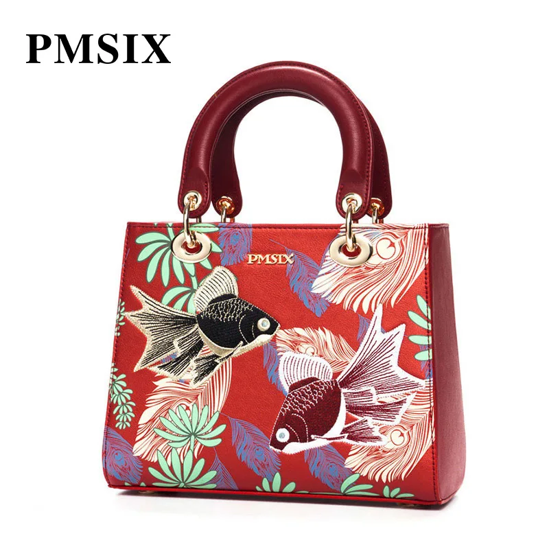 

PMSIX Womens Handbags Embroidery PU Top-Handle Totes Bags for Women Printed Fish Crossbody Bags Casual Female Shoulder Bags