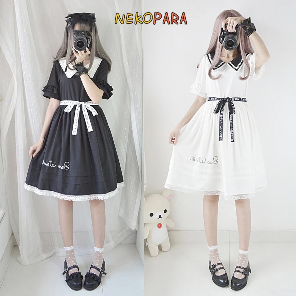 

Black & White Snow Women's Summer Short Sleeve Dress Lace Trim Trun-down Collar Cute Dolly Dress One Piece