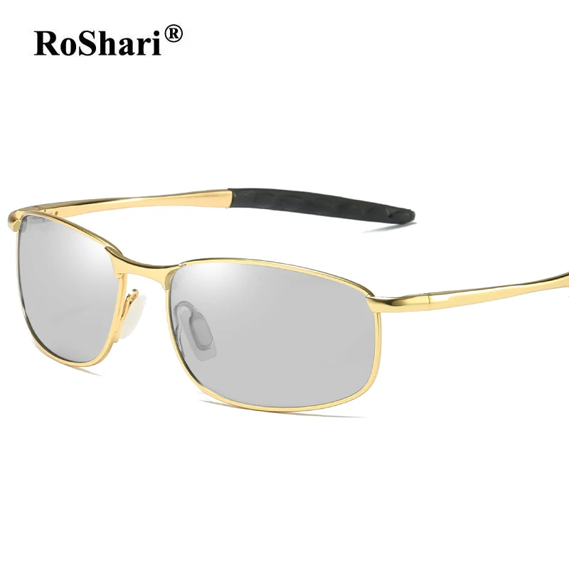 RoShari HD мужские фотохромные поляризованные солнцезащитные очки Хамелеон солнцезащитные очки для мужчин день ночь вождения антибликовые очки gafas de sol - Цвет линз: Gold