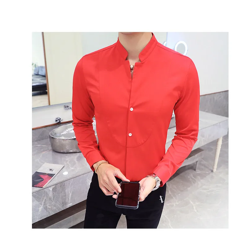 Тонкие Дизайнерские мужские рубашки с длинным рукавом черные красные белые рубашки мужские Азиатские размеры S-5XL мужские рубашки с воротником-стойкой