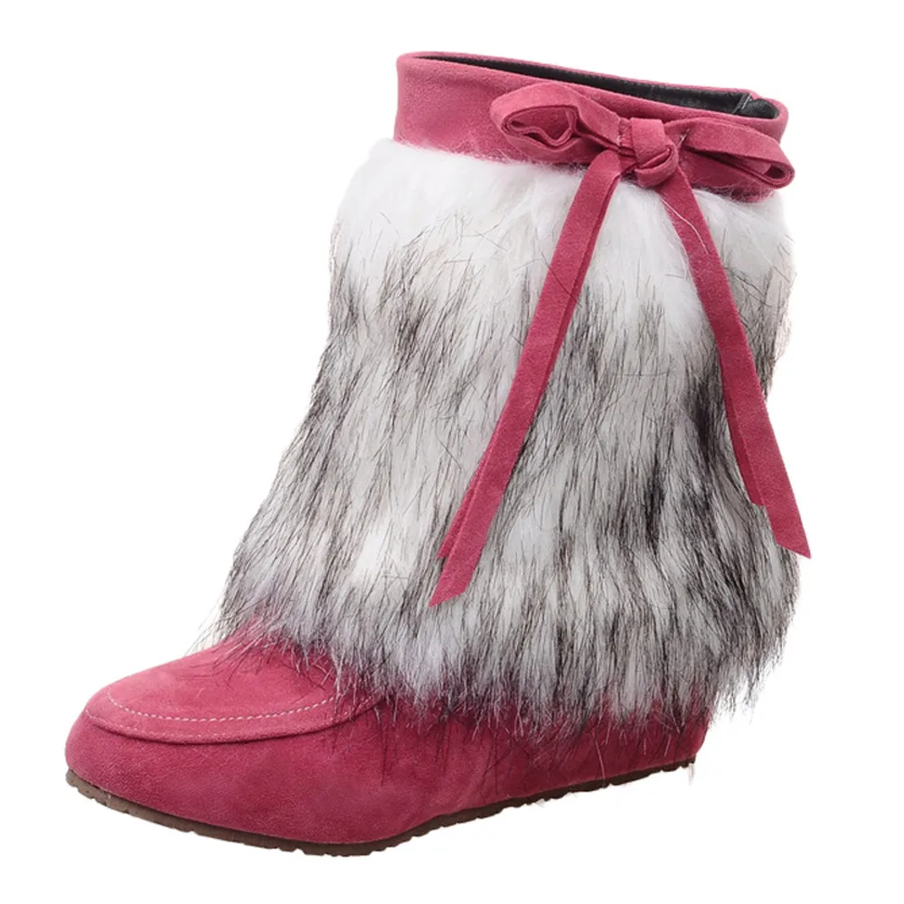 Для женщин полусапожки Обувь на теплом меху зима зимние сапоги замшевые стильная бахрома плюшевые ботильоны на танкетке с высоким каблуком, этнические, праздничные ботинки; Botas - Цвет: Розовый
