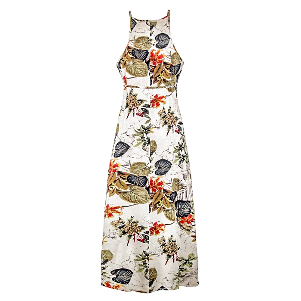 Ladies Print Floral Long Boho Bohemian Beach Summer Dress Women Sundress Sexy Halter Sleeveless Maxi Vintage Dress Vestido