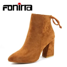 

FONIRRA New Autumn Flock Ankle Boots Women Keep Warm Winter Boots Stretch Fabric Zip Chunky Heel Camel Black Western Boots 953