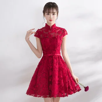 

Chinese Style Bridesmaid Wedding Dress Vintage Lace Mini Toast Clothing Classic Red Women Evening Dress Mandarin Collar Vestidos