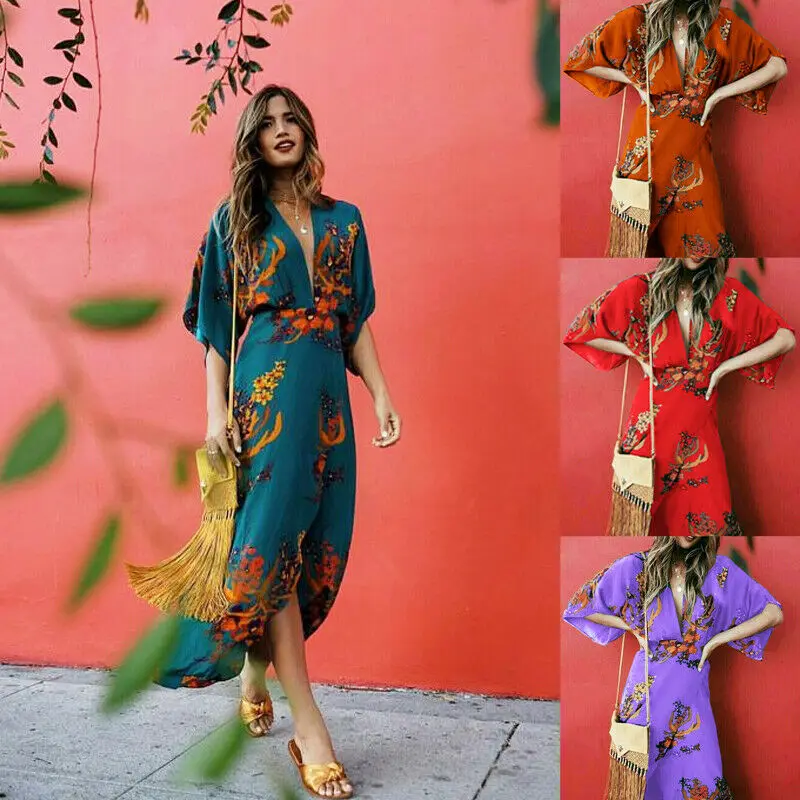 

2019 New Women Boho Floral Sexy V-neck Batwing Sleeve Long Maxi High Waist Cocktail Beach Dress Sundress