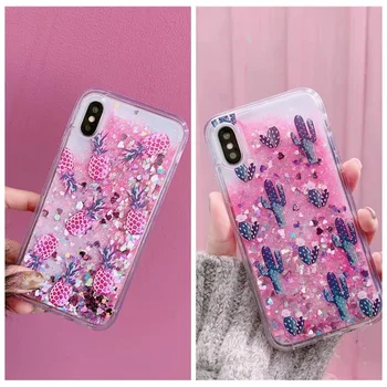 

10PCS/LOT Chic Trend Cactus Pineapple Quicksand Flowing Clear Full Cover Phone Case For iPhoneX 8/6s 7plus Skin Shell Protection