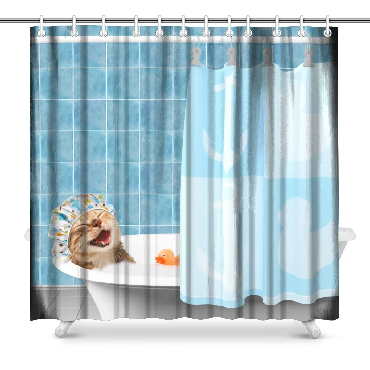 Забавный кот принимает ванну с игрушкой утка полиэстер ткань Ванная комната Душ Шторы набор, 72 дюйма длинной современный