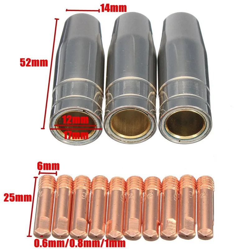 13 шт. CO2 Сварка металлическим электродом в инертном газе фонарь с воздушным охлаждением MB 15AK свяжитесь Tip Holder газовое сопло 0,6/0,8/1,0*25 мм сварки щит кожух колпачок наконечника Комплект