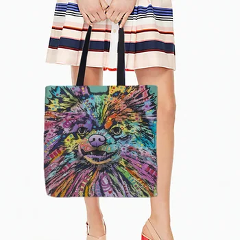 

White Canvans Tote Bags Cute Puppy Dog Printed Color Ink Style Art Double Sides Printing Handle Bag Beautiful Color