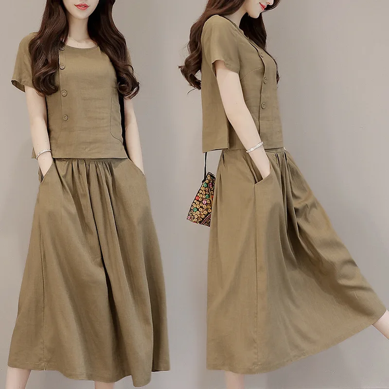 

summer spring woman clothing set t-shirt s + calf length loose skirt fashion casual two-piece cotton Vintage dress suit