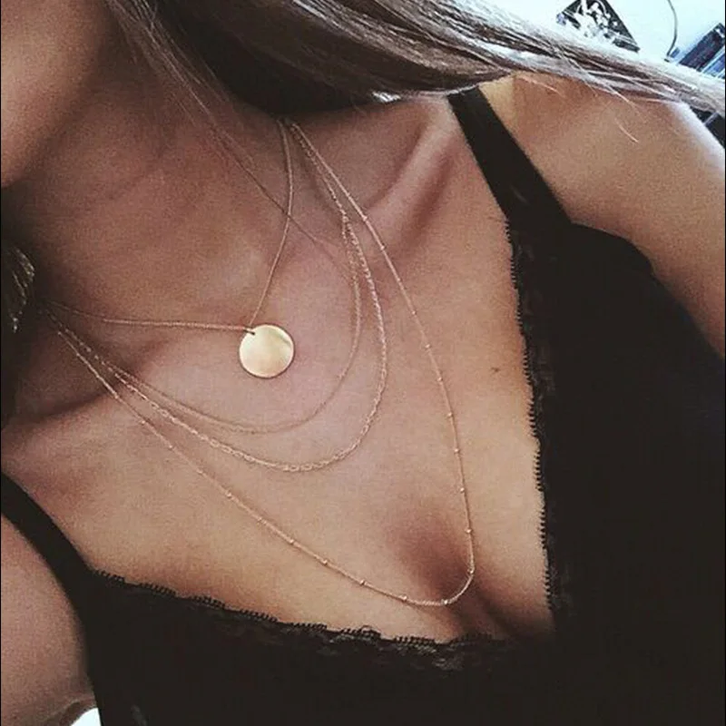 

RscvonM New Bohomian Summer Stylish Simplicity Copper Beads Chain Metal Sequins Multilayer Necklace Women Gold Color Jewelry