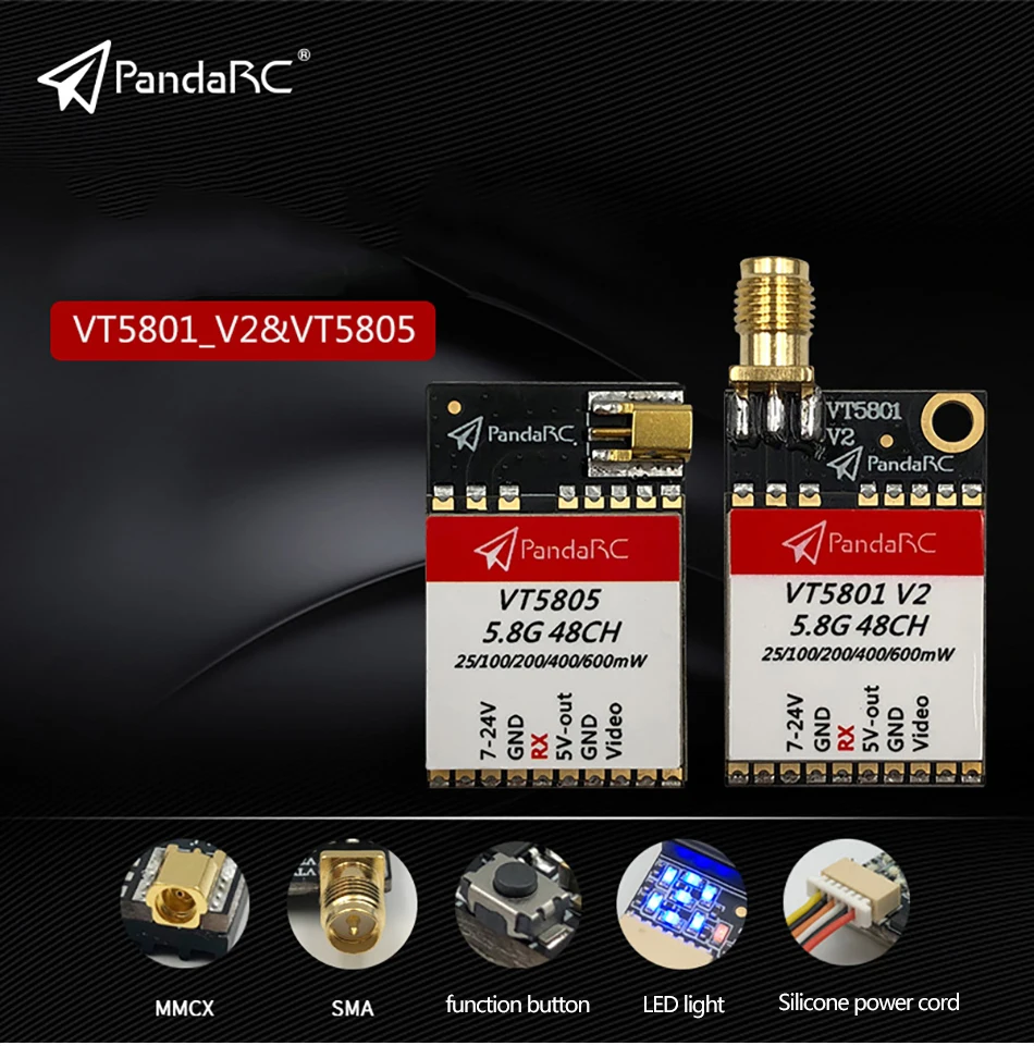 PandaRC VT5801 v2 VT5805 FPV видеопередатчик 5,8G 48CH 25/100/200/400/600 мВт переключаемый OSD размер можно регулировать для небольшой гоночный Дрон с видом от первого лица