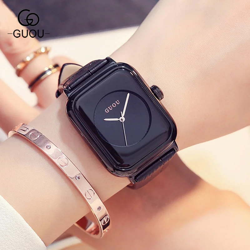 

GUOU 2017 Fashion Simple Rectangle Hardlex Face Leather Quartz Wristwatches Watch Bracelet for Women Ladies Female GU003