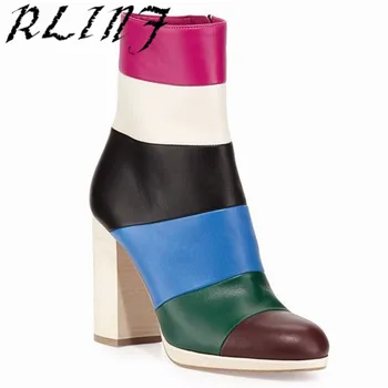 

RLINF Autumn and Winter Ankle Boots Hit Color Matching Square Root Women's Boots Rainbow High Heel Ankle Boots