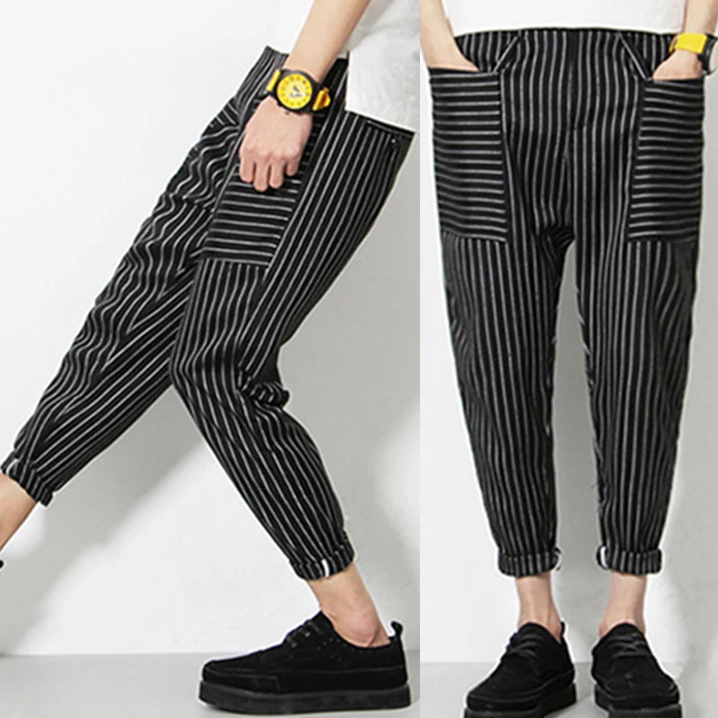 

Stripe Men Hiphop Trousers Harem Pants Wide Legs Ankle-Length Elastic Waist Joggers Pant Summer Fashion INCERUN 5XL Plus Size