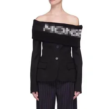 European Station 2019 Early Autumn Fashion Knitting Letter Stitching Single Breasted Casual Shoulder Shirt Small Suit Girl Black