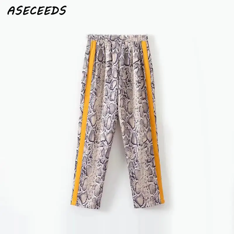 

Elastic high waist side striped pants women snake skin loose pants pocket ladies casual streetwear korean fashion trousers women