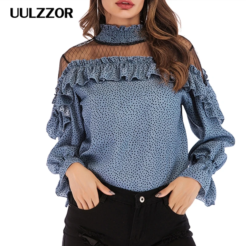 

UULZZOR Leopard dot printed blouse women blouse shirt sexy mesh lace splice Ruffle shirts autumn elegant flare sleeve blouse