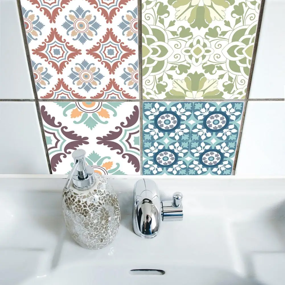 10pcs/set Vintage Square Self Adhesive Tile Stickers Mediterranean Style Self Adhesive PVC Waterproof Kitchen Wall Sticker