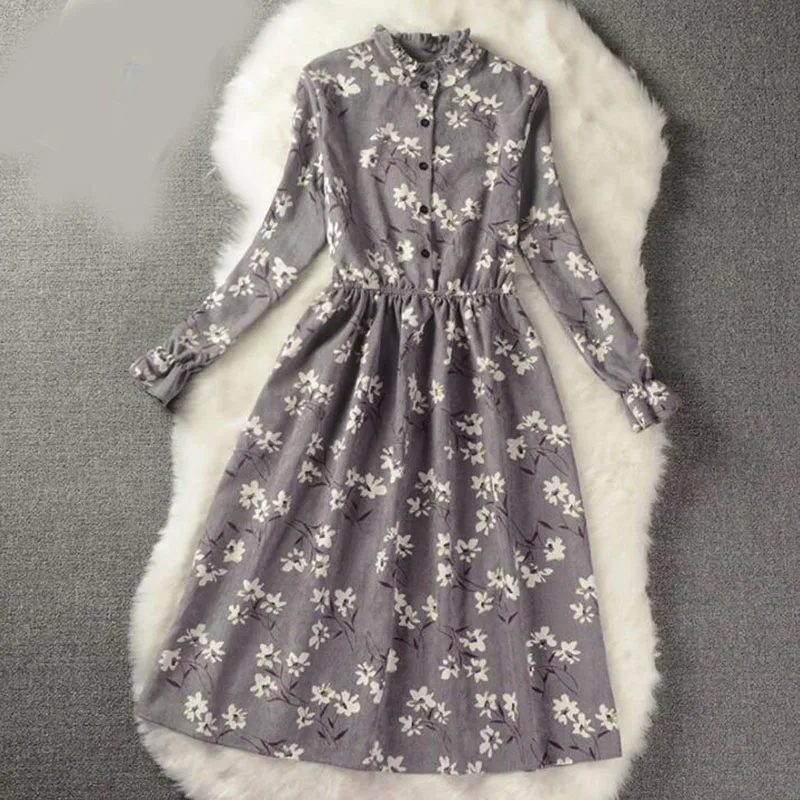 

Autumn Winter Women Dress Floral Print Vintage Dress Slim Stand Collar Single Breasted Pleated Dress Slim Female Dress