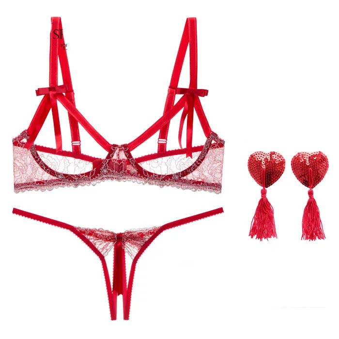 

Black Red Blue Sexy Lingerie Set Women Lace Embroidery Underwear Female Bralette Cupless Bra Open Crotch Panties Brief Set