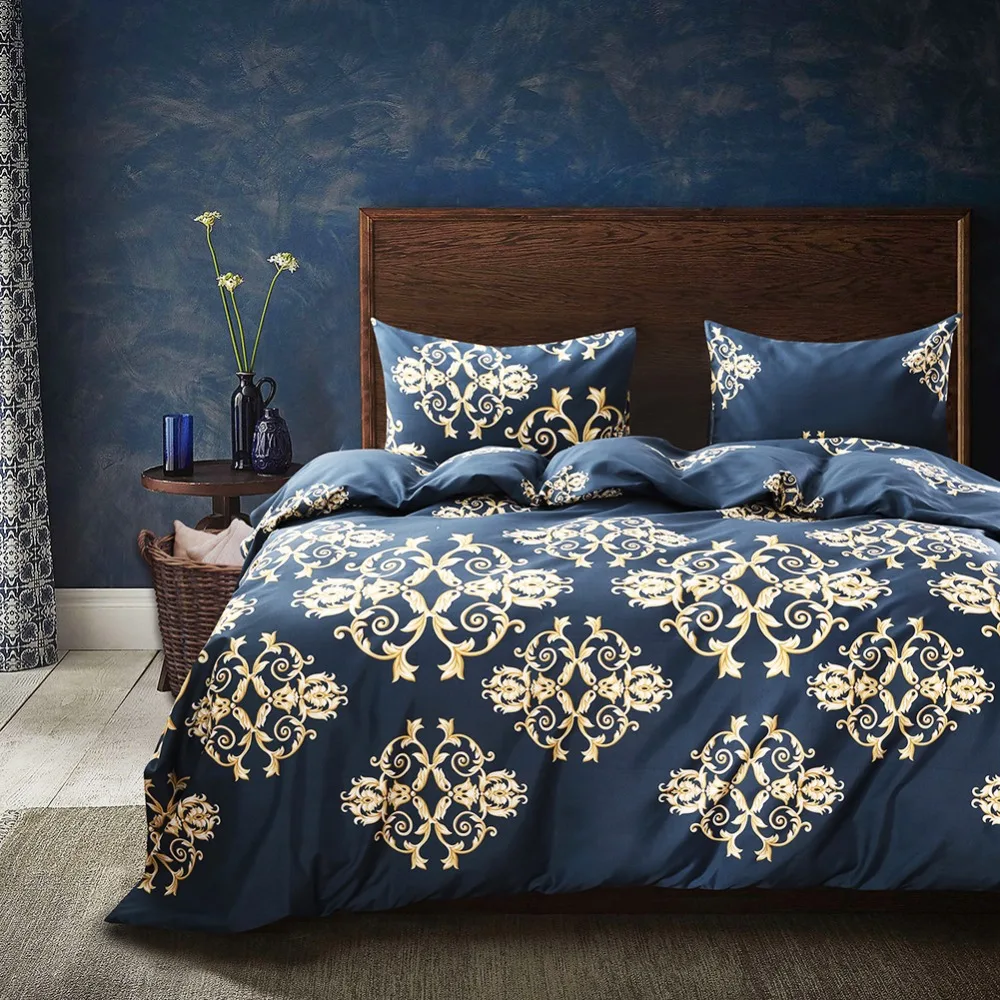 European Baroque Pattern Bedding Set King Navy Blue And Gold